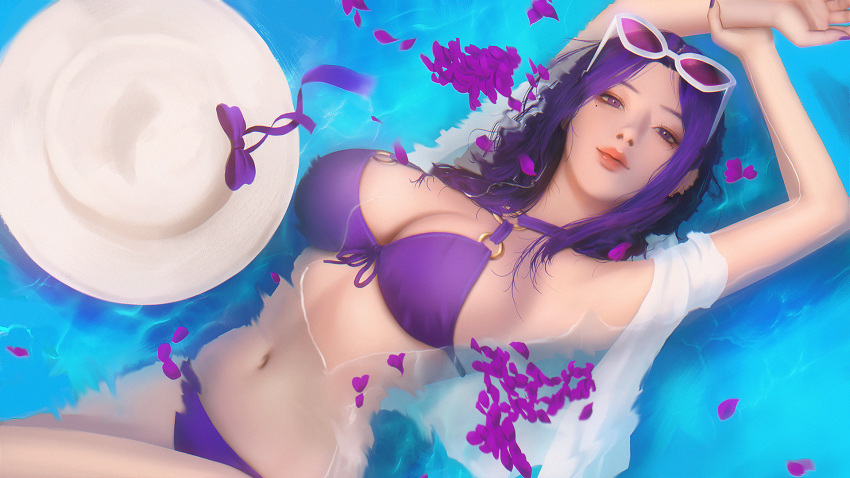 1girl afloat bangs bikini breasts caitlyn_(league_of_legends) cleavage eyewear_on_head hat hat_ribbon highres in_water korean_commentary league_of_legends long_hair looking_at_viewer medium_breasts mole mole_under_eye nail_polish navel o-ring o-ring_bikini parted_bangs petals petals_on_liquid pool_party_caitlyn purple_bikini purple_nails purple_ribbon ribbon smile solo sunglasses swimsuit thaumazo water white_headwear
