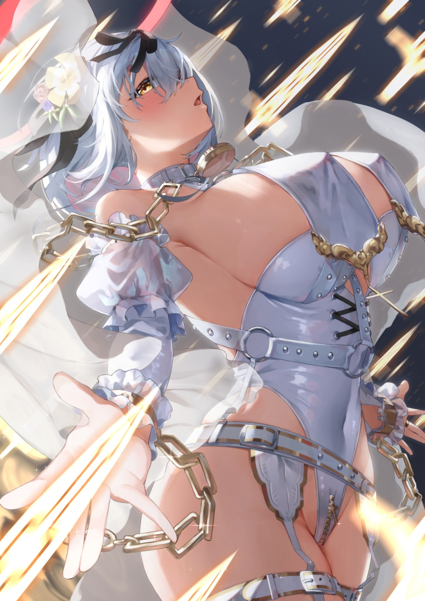 1girl alicia_renato_(yashiro_sousaku) bangs bare_shoulders blush borrowed_character breasts chain cleavage commission covered_nipples cowboy_shot cross-laced_clothes detached_sleeves flower from_side garter_belt garter_straps hair_between_eyes hair_flower hair_ornament halter_top halterneck highres huge_breasts large_breasts leotard long_bangs looking_at_viewer magic morros nun open_mouth original profile sideboob sideways_glance white_hair yellow_eyes zipper