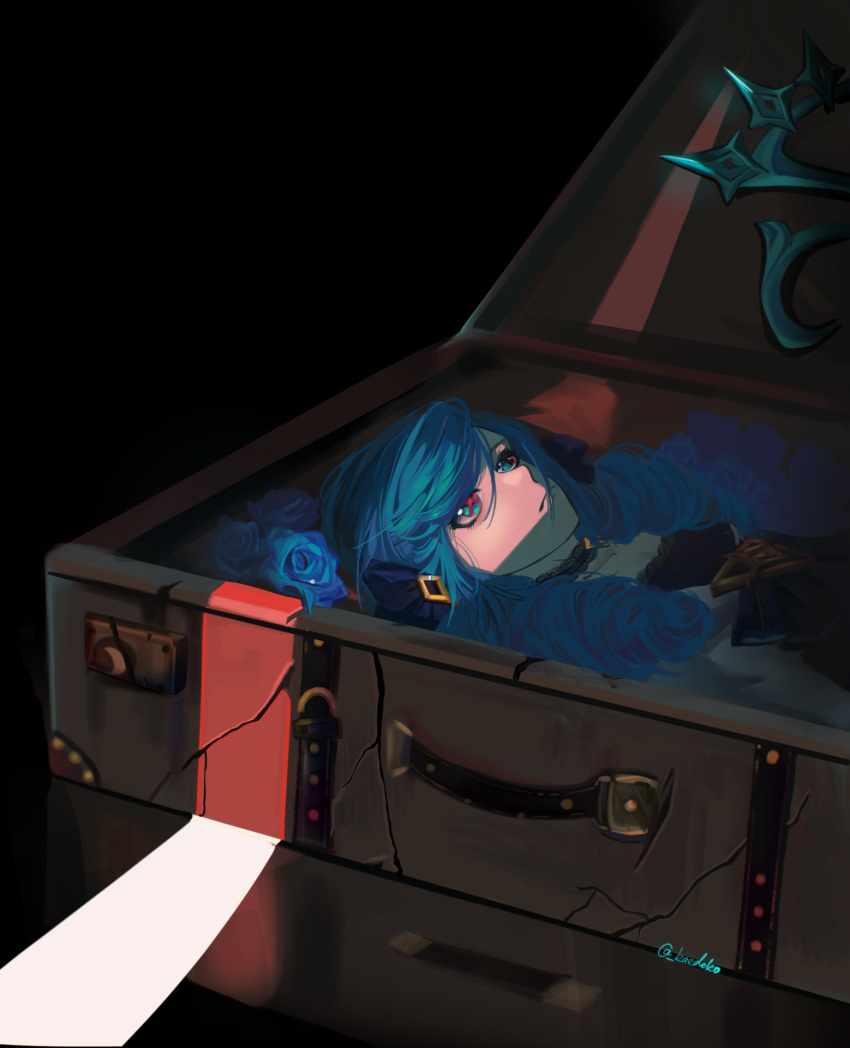 1girl black_choker blue_eyes blue_flower blue_hair blue_rose choker closed_mouth collarbone crack drill_hair expressionless flower frilled_choker frills gwen_(league_of_legends) heterochromia highres kaedeko00 league_of_legends long_hair lying on_back red_pupils reflection rose solo suitcase symbol-shaped_pupils weapon x-shaped_pupils