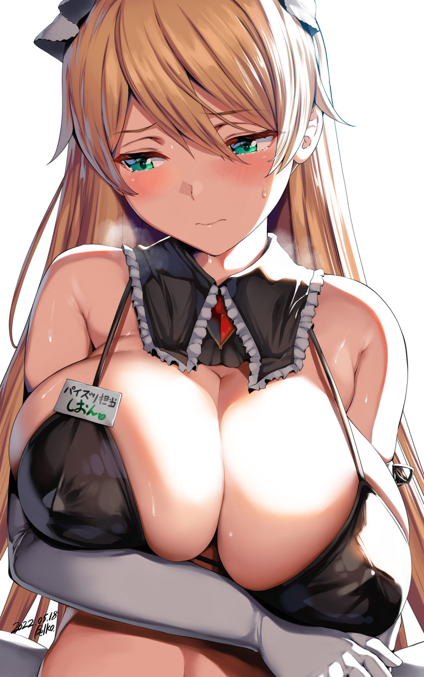 1girl arm_under_breasts artist_name banned_artist bare_shoulders belko bikini black_bikini blonde_hair borrowed_character breasts closed_mouth covered_nipples dated detached_collar elbow_gloves frills gloves green_eyes highres large_breasts long_hair looking_away looking_down looking_to_the_side maid maid_headdress original shy skindentation solo straight_hair strap_gap sweat swimsuit upper_body white_gloves