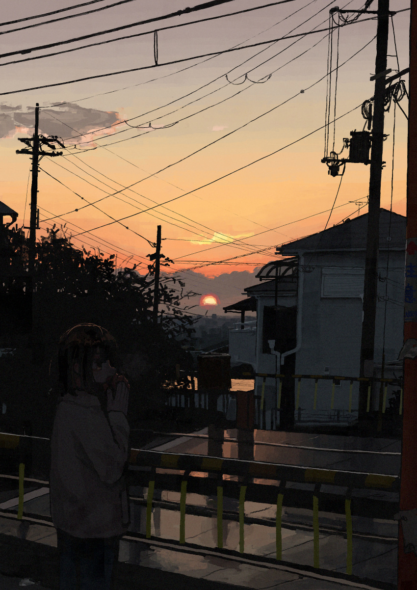 1girl absurdres black_hair bob_cut cloud coat evening gloves highres house original power_lines railing railroad_crossing railroad_tracks scenery sky solo standing sunset uniunimikan utility_pole winter_clothes winter_coat