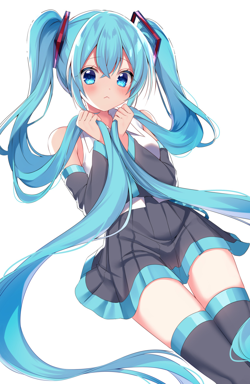 1girl :&lt; absurdres bangs bare_shoulders blue_eyes blue_hair blush breasts collared_shirt commentary_request crossed_bangs detached_sleeves eyebrows_visible_through_hair eyes_visible_through_hair grey_legwear grey_skirt hair_between_eyes hair_ornament hands_up hatsune_miku highres long_hair long_sleeves looking_at_viewer medium_breasts shinonome_asu shirt simple_background sitting skirt solo thighhighs touhou twintails white_background white_shirt wide_sleeves