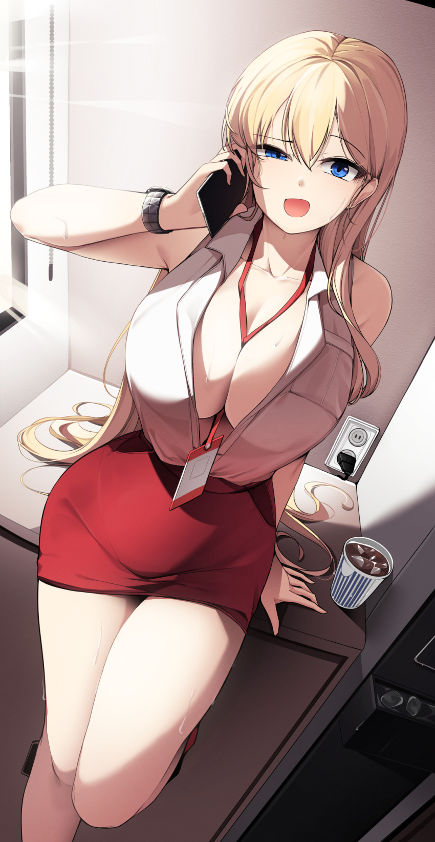 1girl :o between_breasts blonde_hair blue_eyes breasts cellphone coffee_cup collared_shirt cup ddangbi disposable_cup electric_socket foot_up furrowed_brow highres holding holding_phone ice ice_cube lanyard large_breasts leaning_back long_hair looking_at_viewer office_lady open_mouth original pencil_skirt phone red_skirt shirt shirt_tucked_in skirt sleeveless sleeveless_shirt smartphone solo sweat talking_on_phone thighs unbuttoned unbuttoned_shirt watch white_shirt wristwatch