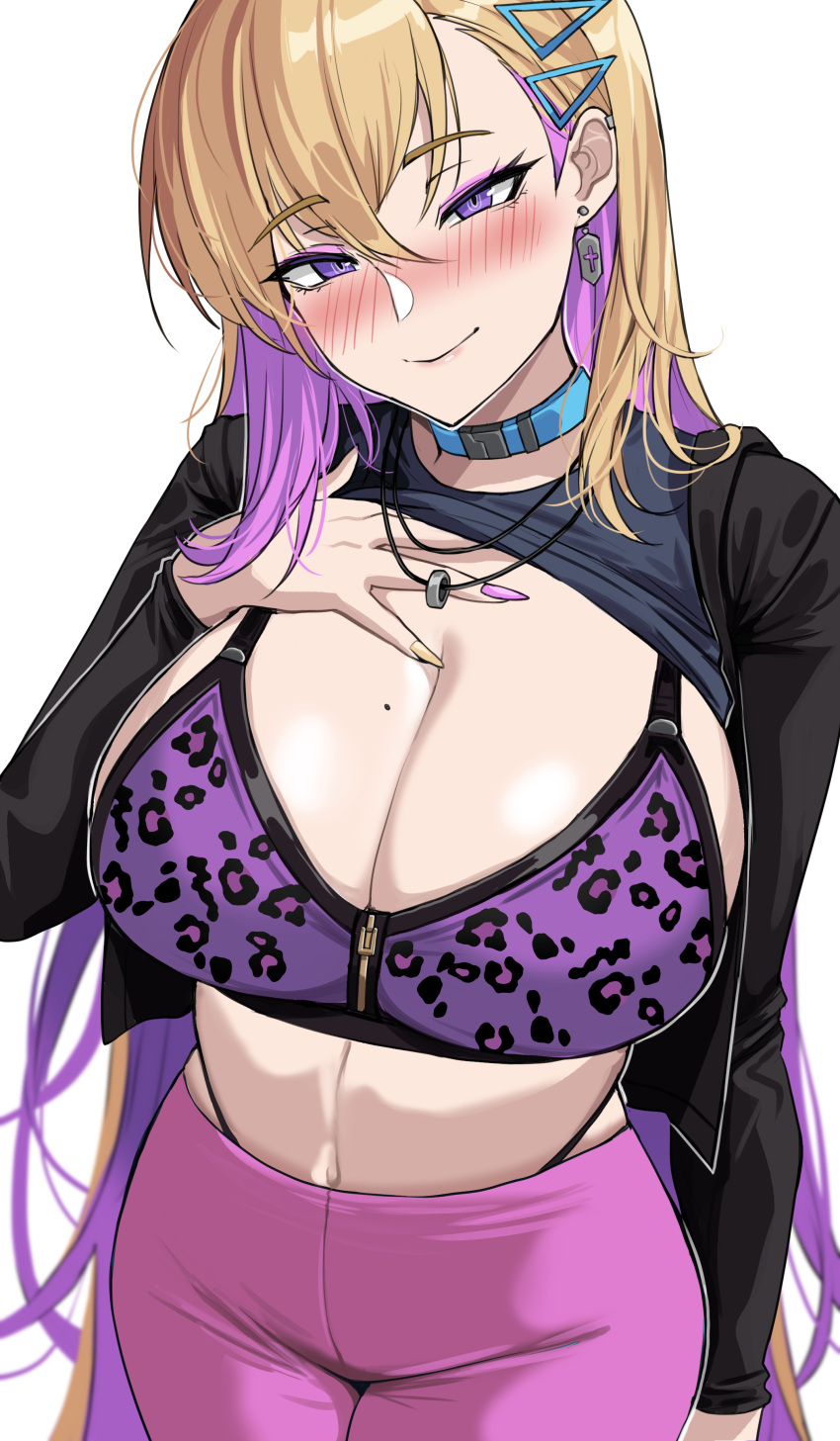 1girl absurdres animal_print bangs black_jacket blonde_hair blue_choker blush boryeon_(last_origin) breasts choker cleavage closed_mouth commentary earrings english_commentary eyebrows_visible_through_hair fingernails hair_between_eyes hair_ornament hella_p highres jacket jewelry large_breasts last_origin leopard_print long_hair long_sleeves looking_at_viewer multicolored_hair nail_polish necklace open_clothes open_jacket pants pink_pants purple_eyes purple_hair purple_nails sharp_fingernails simple_background smile solo white_background