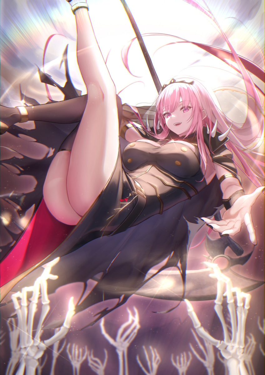 1girl absurdres ass bangs black_dress black_legwear blush breasts death_(entity) dress eyebrows_visible_through_hair grim_reaper highres hololive hololive_english large_breasts legs long_hair looking_at_viewer mori_calliope nail_polish pink_eyes pink_hair red_eyes scythe single_thighhigh skeletal_arm smile solo sora_shitatoge thighhighs virtual_youtuber weapon