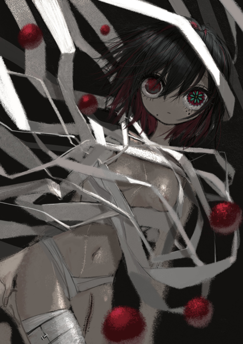 1girl areola_slip areolae bandages black_background black_hair closed_mouth colored_inner_hair cowboy_shot dutch_angle heterochromia highres looking_at_viewer mismatched_pupils multicolored_hair naked_bandage narue navel original red_hair short_hair solo