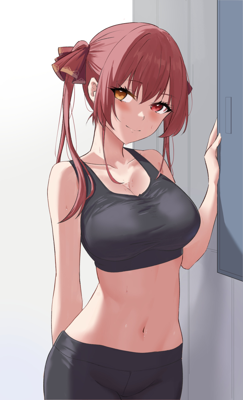 1girl absurdres arm_behind_back bangs bare_shoulders black_pants black_tank_top blush breasts bust_cup cleavage closed_mouth collarbone crop_top eyebrows_visible_through_hair hair_ribbon hand_up heterochromia highres hololive houshou_marine large_breasts locker long_hair midriff navel pants red_eyes red_hair red_ribbon ribbon sidelocks smile solo stomach sweat tank_top twintails virtual_youtuber whitek yellow_eyes