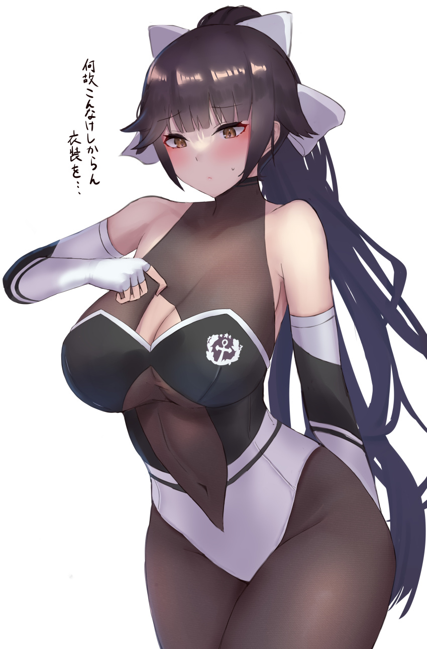 1girl absurdres azur_lane bangs bare_shoulders black_hair blush bow breasts cleavage cleavage_cutout clothing_cutout covered_navel highres large_breasts long_hair looking_at_viewer pantyhose ponytail race_queen satou_aji simple_background solo takao_(azur_lane) takao_(full_throttle_charmer)_(azur_lane) thighs translation_request two-tone_leotard white_background white_bow