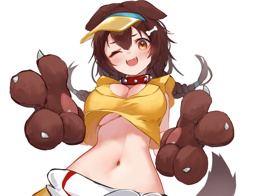 1girl :d absurdres animal_ears animal_hands blush bone_hair_ornament braid breasts brown_eyes brown_hair cartoon_bone collar commentary dog_ears dog_girl dog_tail doggy_god's_street from_below gloves hair_between_eyes hair_ornament highres hololive inugami_korone large_breasts long_hair looking_at_viewer navel noor7 one_eye_closed paw_gloves simple_background smile solo spiked_collar spikes stomach tail twin_braids underboob upper_body upshirt virtual_youtuber visor_cap white_background