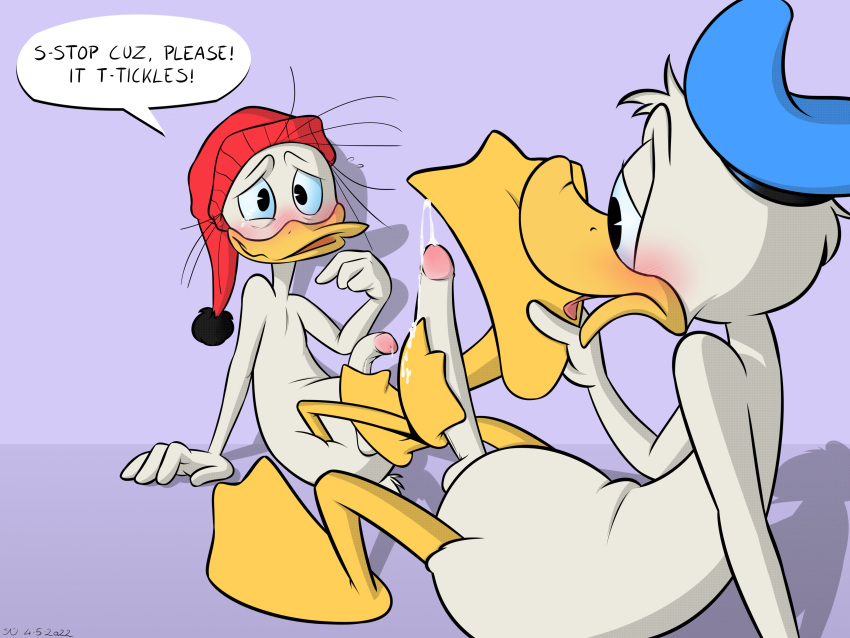 3_toes 4:3 4k absurd_res anatid anseriform anthro avian balls barefoot beak bedroom_eyes big_penis biped bird bird_feet blue_clothing blush blush_lines bodily_fluids clothed clothing cum cum_on_feet digital_drawing_(artwork) digital_media_(artwork) disney donald_duck duck duo ejaculation embarrassed english_text erection feathers feet fethry_duck foot_fetish foot_lick foot_play footjob genital_fluids genitals half-closed_eyes hat headgear headwear hi_res humanoid_genitalia humanoid_penis incest_(lore) licking male male/male masturbation membrane_(anatomy) narrowed_eyes nude open_mouth paws penile penile_masturbation penis precum red_clothing seductive sex shintei signature simple_background smile soles solo speech_bubble tail_feathers text toes tongue tongue_out webbed_feet white_body