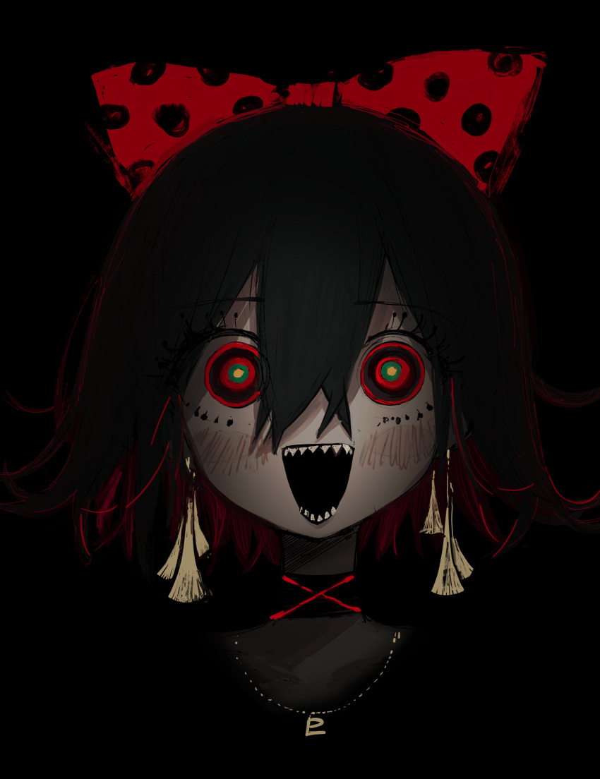 1girl :d black_background black_choker black_hair blush bob_cut bow choker colored_inner_hair earrings hair_bow highres jewelry looking_at_viewer multicolored_hair narue necklace open_mouth original portrait red_bow red_hair ringed_eyes sharp_teeth simple_background smile solo teeth