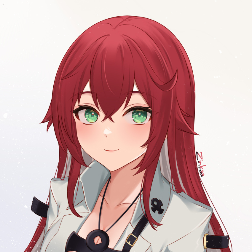 1girl ankh artist_name bangs blush closed_mouth collarbone commentary green_eyes grey_background guilty_gear guilty_gear_strive highres jack-o'_valentine jewelry lips long_hair looking_at_viewer necklace red_hair shiny shiny_hair signature simple_background smile upper_body zinkaa
