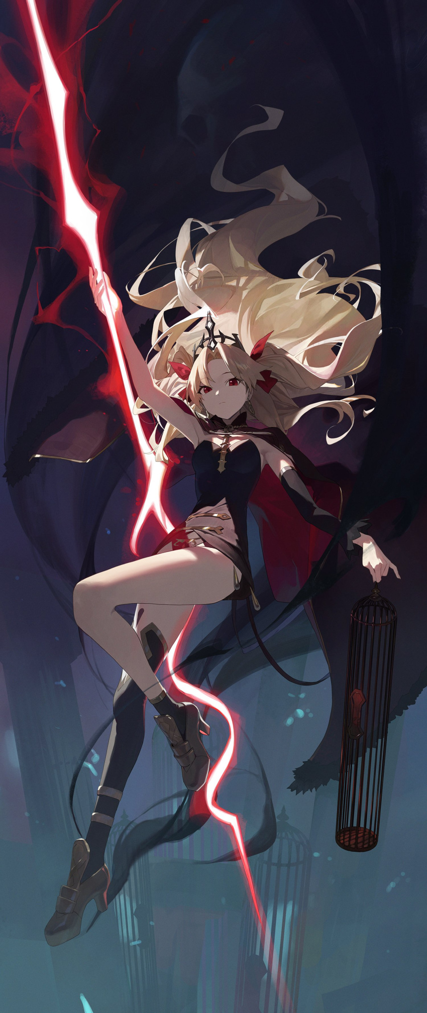 1girl :| absurdres asymmetrical_sleeves bangs blonde_hair breasts cage cape closed_mouth commentary_request crown earrings ereshkigal_(fate) expressionless fate/grand_order fate_(series) floating full_body gold_trim hair_ribbon highres holding holding_cage holding_weapon hood hooded_cape hoop_earrings infinity jewelry long_hair looking_at_viewer meslamtaea_(weapon) modare multicolored_cape multicolored_clothes parted_bangs red_cape red_eyes ribbon single_sleeve single_thighhigh skull solo spine thighhighs tiara two_side_up uneven_sleeves very_long_hair weapon yellow_cape