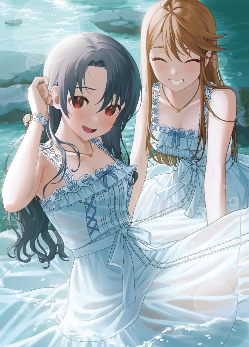 :d ^_^ ^o^ absurdres alternate_costume blush closed_eyes collarbone dress grin highres idolmaster idolmaster_million_live! lens_flare looking_at_viewer mimizubare red_eyes sleeveless sleeveless_dress smile stone takayama_sayoko tokoro_megumi water wet wet_clothes white_dress