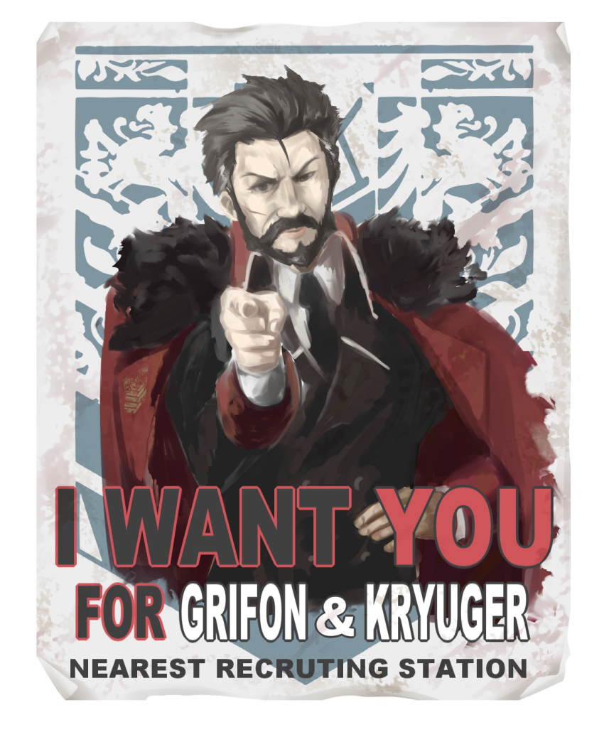1boy beard berezovich_kryuger_(girls'_frontline) black_hair black_necktie coat coat_on_shoulders collared_coat collared_shirt english_text facial_hair fur-trimmed_coat fur_trim girls'_frontline griffin_&amp;_kryuger griffin_&amp;_kryuger_military_uniform hair_slicked_back highres i_want_you necktie parody pointing pointing_at_viewer poster_(object) red_coat scar scar_on_face shirt shu70077 solo upper_body white_shirt