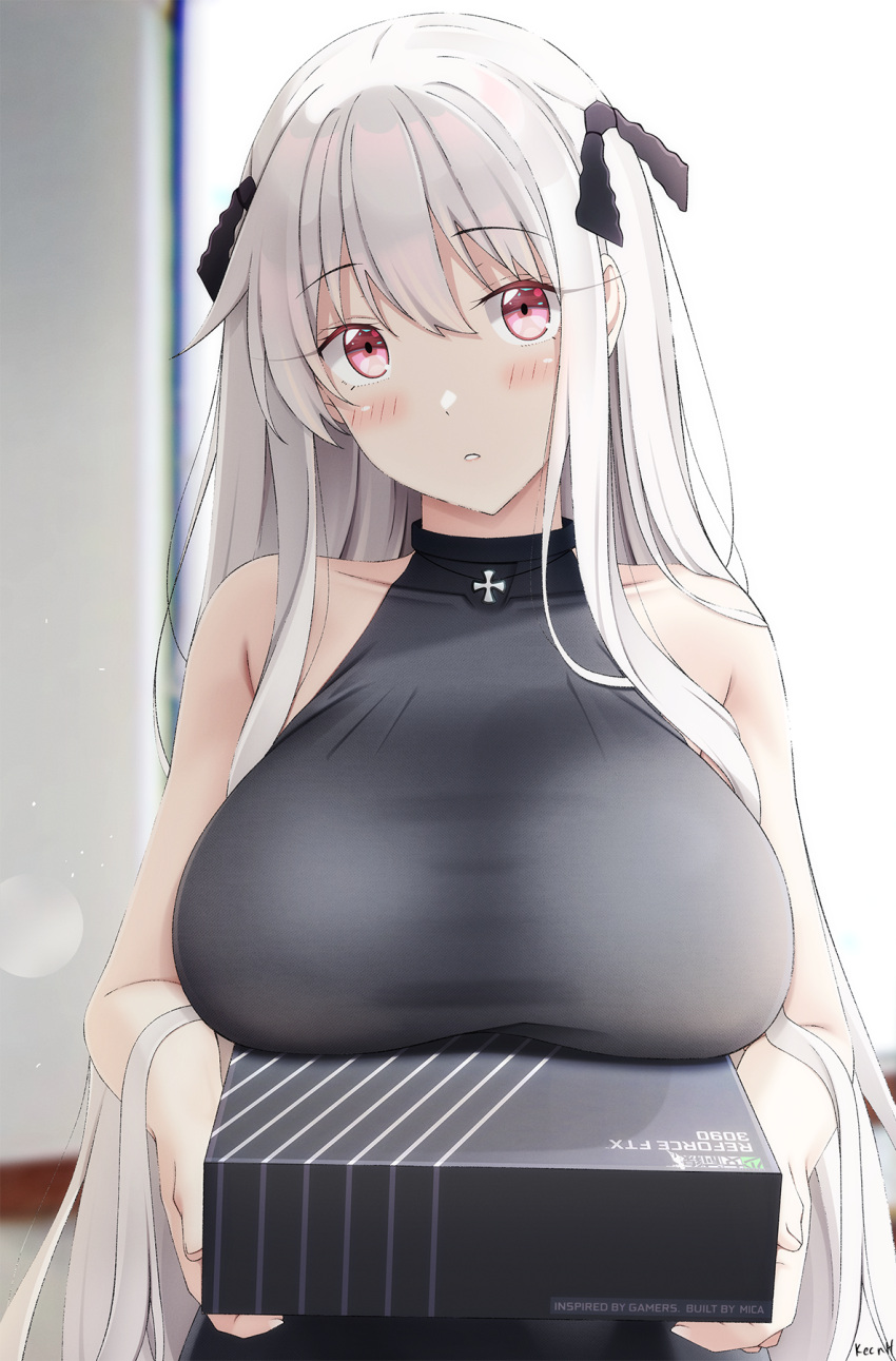 1girl bangs bare_arms bare_shoulders black_shirt blush box breast_rest breasts carried_breast_rest carrying collarbone eyebrows_visible_through_hair girls'_frontline hair_ornament highres holding holding_box kar98k_(girls'_frontline) keenh large_breasts long_hair looking_at_viewer parted_lips red_eyes shirt sleeveless sleeveless_shirt solo upper_body white_hair
