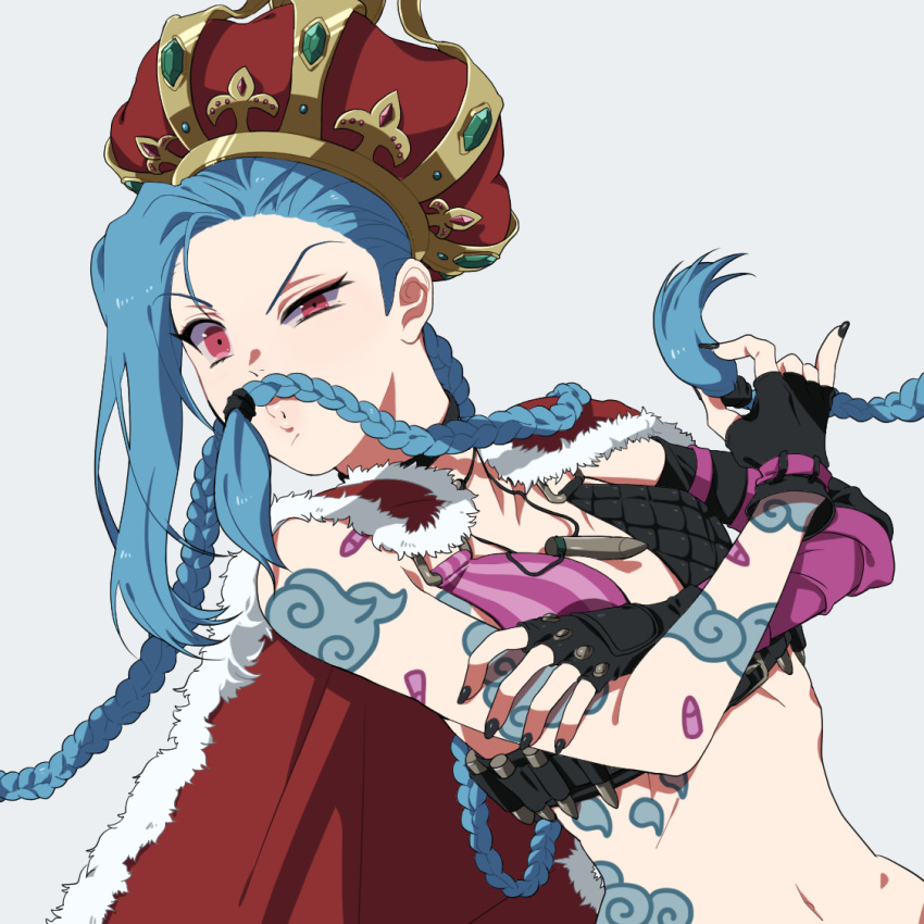 1girl arm_tattoo bare_shoulders bikini_top black_gloves blue_hair braid breasts cape crown elbow_gloves fingerless_gloves gloves jinx_(league_of_legends) league_of_legends long_hair mismatched_gloves pink_eyes single_elbow_glove small_breasts smile solo tattoo twin_braids very_long_hair