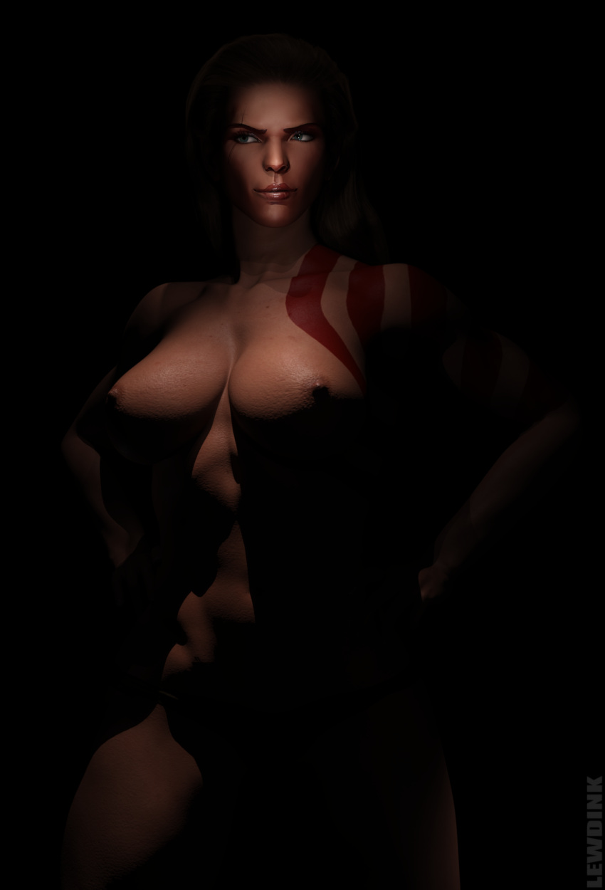 3d bad_source barbarian body_chain body_marking brown_hair dark_skin fighter hands_on_hips highres hot lewdink looking_away muscular original smirk tattoo toned topless warrior