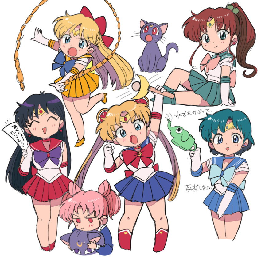 6+girls bishoujo_senshi_sailor_moon blonde_hair blue_bow blue_skirt bow brown_hair cat chibi_usa closed_eyes gloves green_eyes green_footwear green_skirt magical_girl multiple_girls open_mouth pink_bow purple_bow red_bow red_footwear red_skirt sailor_jupiter sailor_mars sailor_mercury sailor_moon sailor_venus simple_background skirt smile translation_request tsubobot white_background yellow_footwear