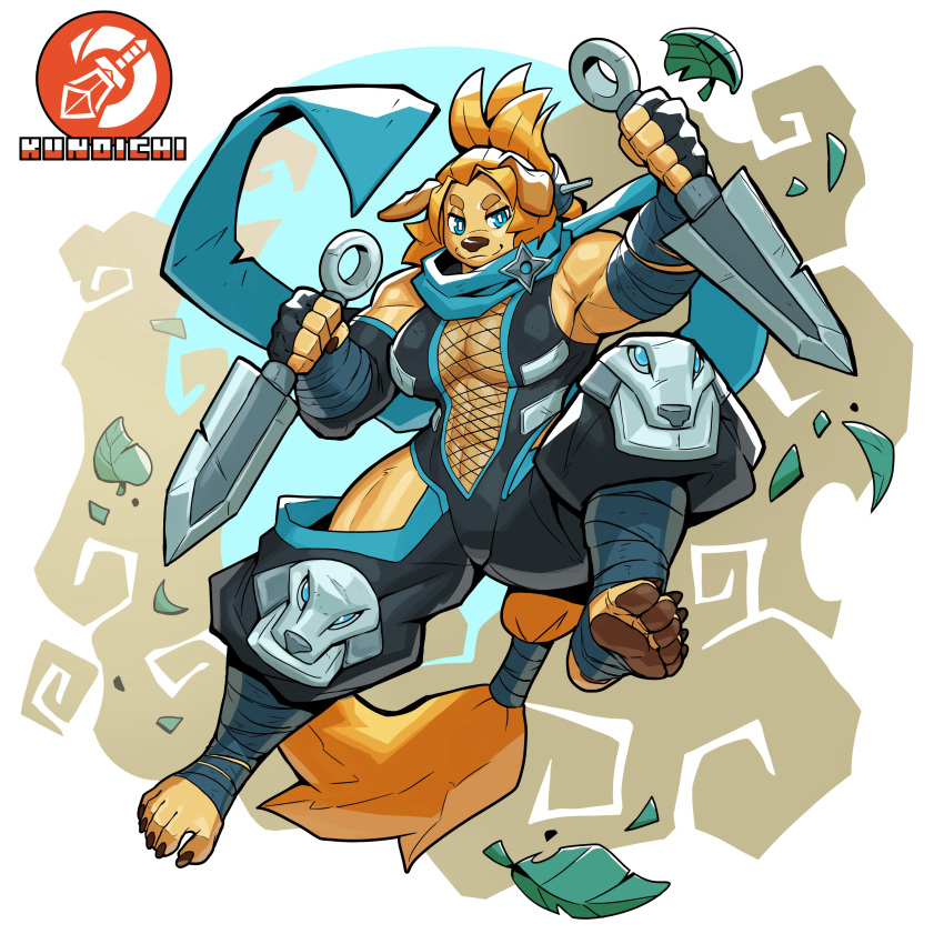 2022 5_toes abs absurd_res anthro bird_dog blonde_hair blue_eyes breasts canid canine canis ceehaz cleavage clothed clothing dagger dog_knight_rpg domestic_dog dual_wielding feet female fur golden_retriever hair hair_tied hi_res holding_object holding_weapon humanoid_feet hunting_dog jeane_(ceehaz) mammal melee_weapon muscular muscular_female ninja pawpads retriever scarf solo toes warrior weapon