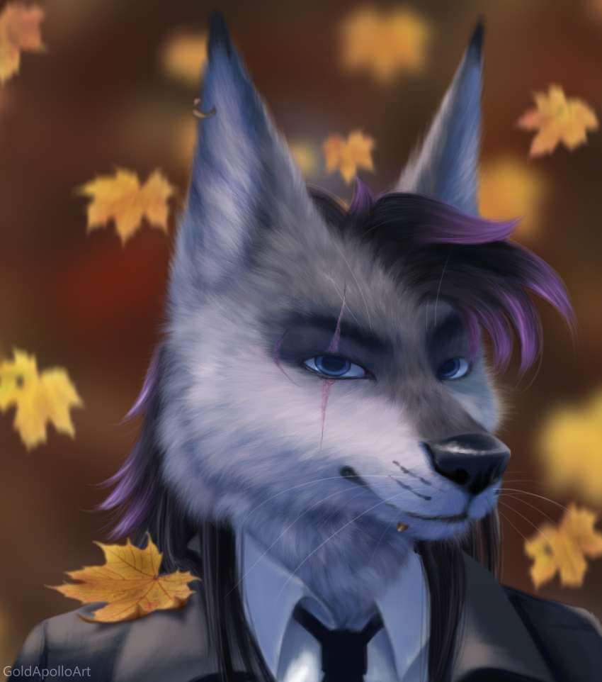 absurd_res anthro blue_eyes canid canine canis ear_piercing facial_piercing goldapolloart hair hi_res leaf male mammal nose_piercing piercing pose realistic realistic_fur scar sergal-wolf simonartheria smile solo wolf