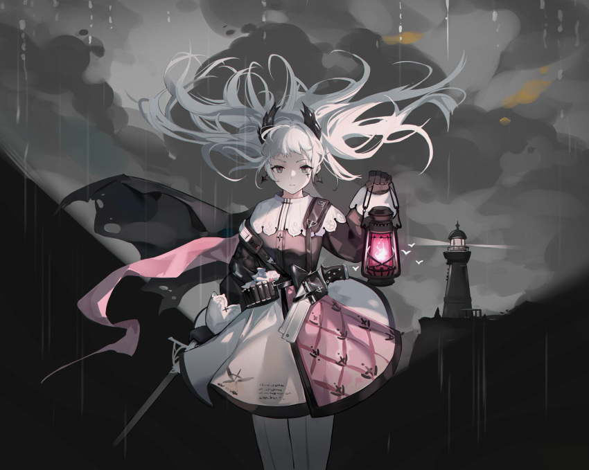 1girl absurdres arknights belt black_gloves capelet closed_mouth earrings fire floating_hair front-seamed_legwear gloves grey_eyes gun high-waist_skirt highres holding holding_lantern holding_sword holding_weapon irene_(arknights) jewelry lantern lighthouse long_hair long_sleeves looking_at_viewer outdoors pantyhose pink_fire pink_skirt puffy_long_sleeves puffy_sleeves rapier scar scar_across_eye scar_on_face seamed_legwear skirt solo sword very_long_hair weapon white_capelet white_hair white_legwear white_skirt wind