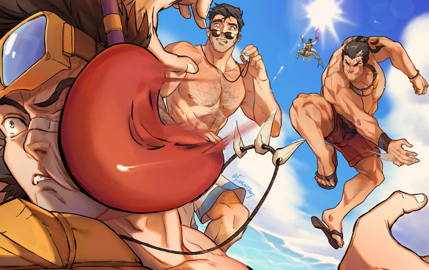 1girl 4boys abs arm_hair arm_tattoo artist_name ball bandaid bandaid_on_face bandaid_on_nose bara black_hair blue_eyes brown_hair chest_hair cloud cloudy_sky darius_(league_of_legends) day draven falloutbart fang fang_necklace goggles hairy happy hitting jarvan_iv_(league_of_legends) jayce_(league_of_legends) jewelry jumping large_pectorals league_of_legends looking_at_another male_focus male_swimwear mature_male multicolored_hair multiple_boys muscular muscular_male necklace nipples ocean one_eye_closed pectorals pool_party_(league_of_legends) pool_party_draven pool_party_jarvan_iv pool_party_rek'sai rek'sai sandals scar scar_across_eye shorts sky smirk spiked_hair sun sunglasses sunlight sweat sweatdrop tattoo teeth thick_arms thick_eyebrows thick_thighs thighs throwing topless_male twitter_username whistle whistle_around_neck white_hair worried wristband
