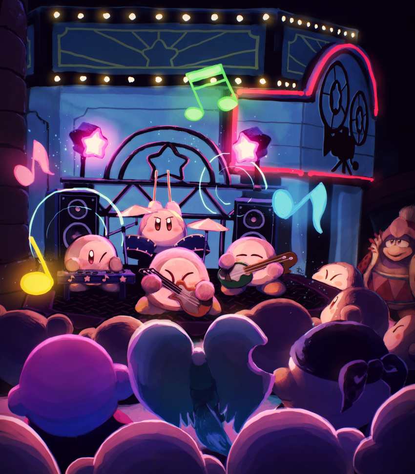 band bandana bandana_waddle_dee brown_eyes closed_eyes dark_background elfilin from_behind highres instrument king_dedede kirby kirby_(series) kirby_and_the_forgotten_land light movie_theater music musical_note night no_humans no_mouth one_eye_closed open_mouth sound_wave suyasuyabi waddle_dee