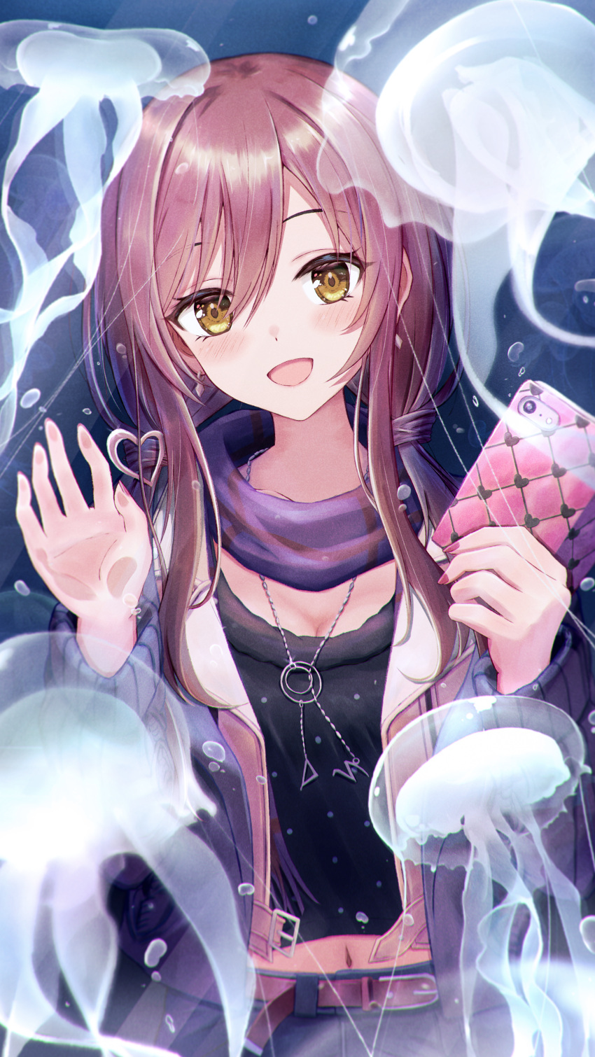 1girl :d absurdres against_glass air_bubble animal aquarium bangs belt blush breasts brown_hair bubble cellphone cleavage coat earrings eyebrows_visible_through_hair fish_tank glass highres holding holding_phone idolmaster idolmaster_shiny_colors indoors jellyfish jewelry long_hair looking_at_viewer masuku_(saint_mask) navel necklace open_mouth osaki_amana phone scarf smartphone smile solo standing swept_bangs water yellow_eyes