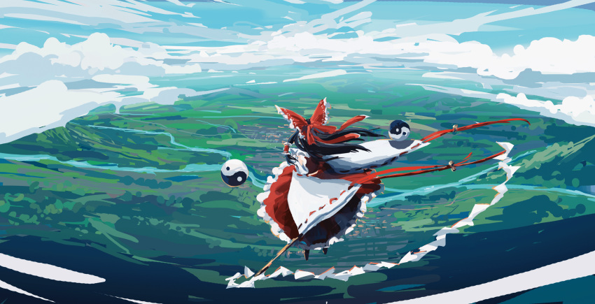 1girl above_clouds absurdres black_footwear black_hair bow cloud cloudy_sky commentary detached_sleeves frilled_bow frilled_skirt frills from_behind gohei hair_bow hakurei_reimu haru_akira highres holding_gohei landscape long_hair nature orb red_bow red_ribbon red_skirt red_vest ribbon ribbon-trimmed_sleeves ribbon_trim river scenery shoes skirt sky solo touhou vest white_sleeves wide_shot wide_sleeves yin_yang yin_yang_orb