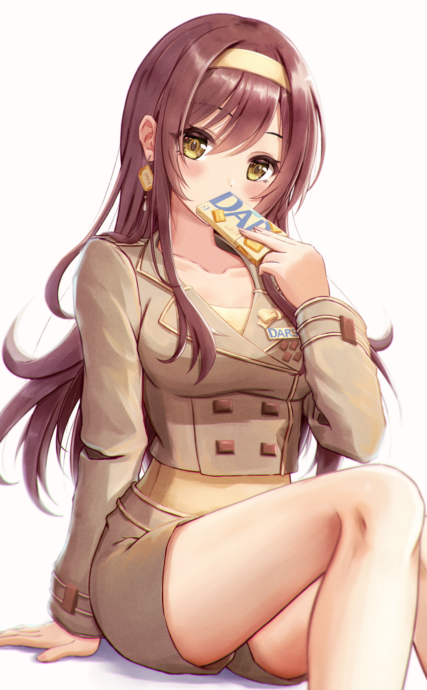 1girl absurdres bangs blush breasts brown_hair chocolate collarbone covering_mouth cropped_jacket dars dot_nose earrings eyebrows_visible_through_hair food-themed_earrings hair_between_eyes hairband highres holding idolmaster idolmaster_shiny_colors jewelry knees_up long_hair long_sleeves looking_at_viewer masuku_(saint_mask) medium_breasts osaki_amana shiny shiny_hair short_shorts shorts simple_background sitting solo thighs white_chocolate
