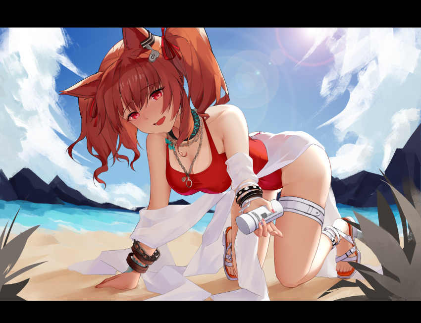 1girl absurdres all_fours angelina_(arknights) angelina_(summer_flowers)_(arknights) animal_ears arknights beach black_collar blue_sky breasts brown_hair cloud cloudy_sky collar eyebrows_visible_through_hair fizzbin fox_ears fox_girl hair_between_eyes hairband highres infection_monitor_(arknights) looking_at_viewer medicine_bottle medium_breasts mountain official_alternate_costume open_mouth red_eyes red_swimsuit sky smile swimsuit swimsuit_cover-up twintails two-tone_hairband water
