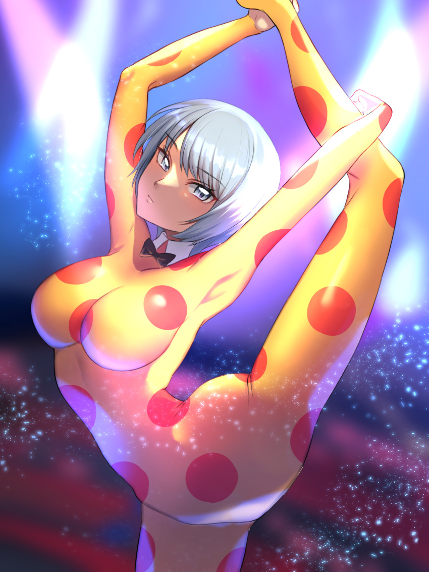 absurdres black_bow black_bowtie blurry blurry_background bow bowtie breasts eyebrows_visible_through_hair highres karakuri_circus large_breasts leg_up leotard polka_dot shihoaitogi shirogane_(karakuri_circus) short_hair