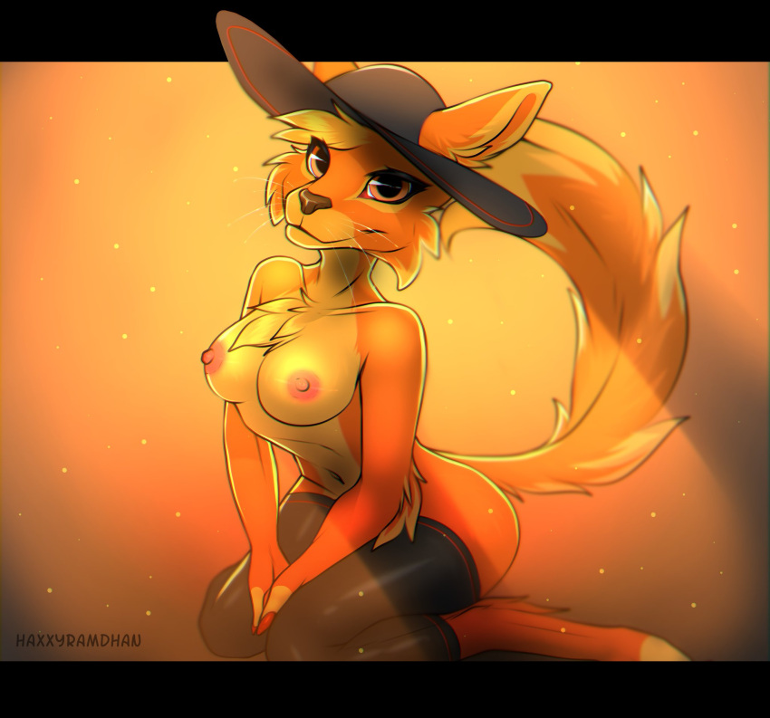 2020 anthro breasts brown_eyes cheek_tuft chest_tuft clothed clothing domestic_cat facial_tuft felid feline felis female fur hat haxxyramdhan headgear headwear hi_res kneeling looking_at_viewer mammal multicolored_body multicolored_fur nipples orange_body orange_fur partially_clothed signature solo tuft two_tone_body two_tone_fur whiskers