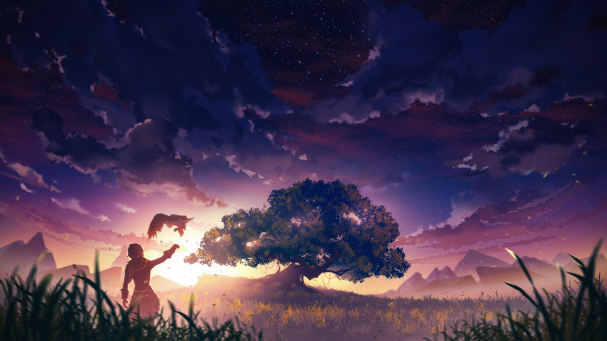 1boy absurdres bird blurry blurry_foreground cloud cloudy_sky commentary_request depth_of_field diluc_(genshin_impact) evening falcon falling_leaves from_behind genshin_impact grass highres landscape leaf mountain mountainous_horizon outdoors scenery sky solo standing star_(sky) starry_sky tree zi13591