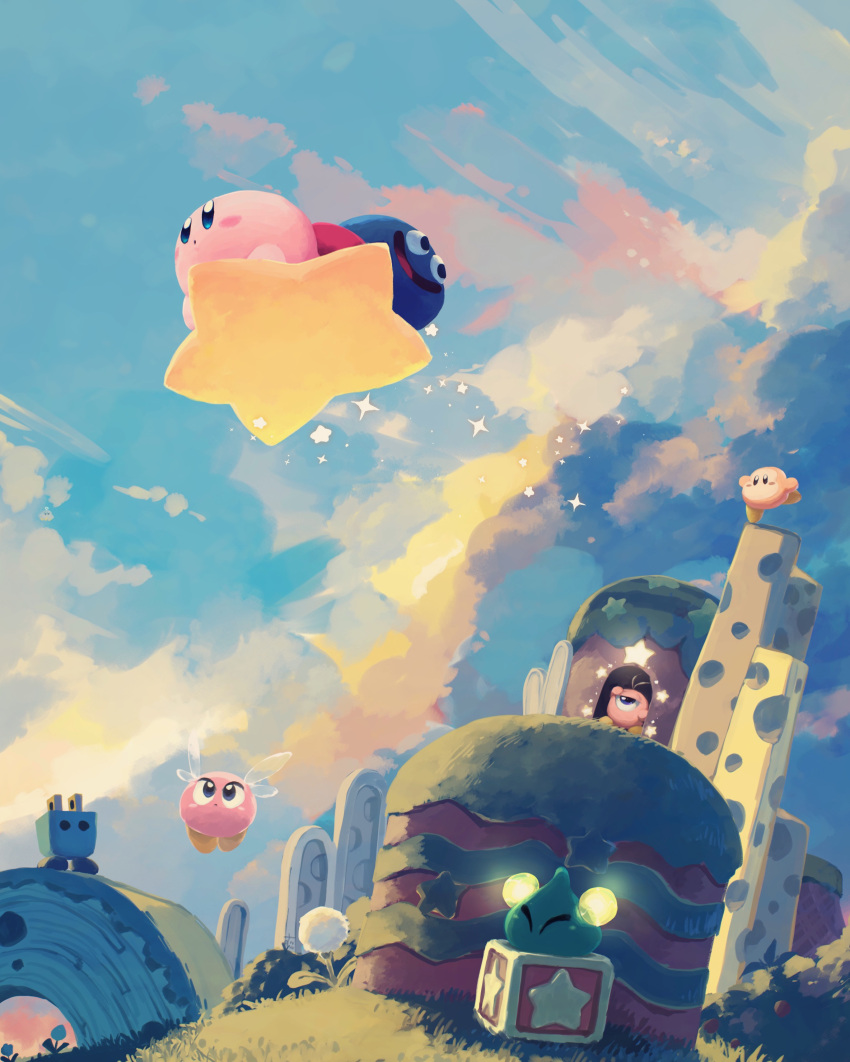 absurdres box character_request cloud cloudy_sky creature dandelion day door flower flying gooey_(kirby) grass happy highres kirby kirby_(series) landscape looking_to_the_side looking_up mountain one_eye_closed open_mouth sky sparkle star_(symbol) suyasuyabi tongue waddle_dee waddle_doo