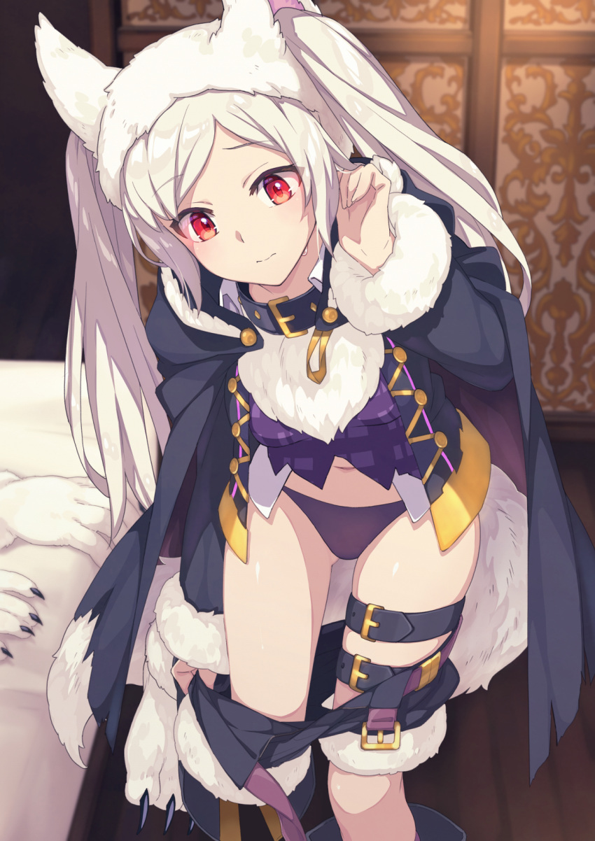 1girl albino animal_ears anus bangs bed black_coat black_panties black_shorts breasts buckle closed_mouth clothes_pull coat collar commission dressing eyebrows_visible_through_hair fake_animal_ears feet_out_of_frame fire_emblem fire_emblem_awakening fire_emblem_heroes fur-trimmed_shorts fur-trimmed_sleeves fur_hat fur_trim grima_(fire_emblem) halloween halloween_costume hat highres indoors leaning_forward long_sleeves looking_down medium_breasts navel official_alternate_costume open_clothes open_coat panties parted_bangs pulled_by_self purple_panties purple_shirt red_eyes robin_(fire_emblem) robin_(fire_emblem)_(female) saipaco shirt shorts shorts_pull skeb_commission solo standing thigh_strap twintails underwear undressing white_hair wolf_girl