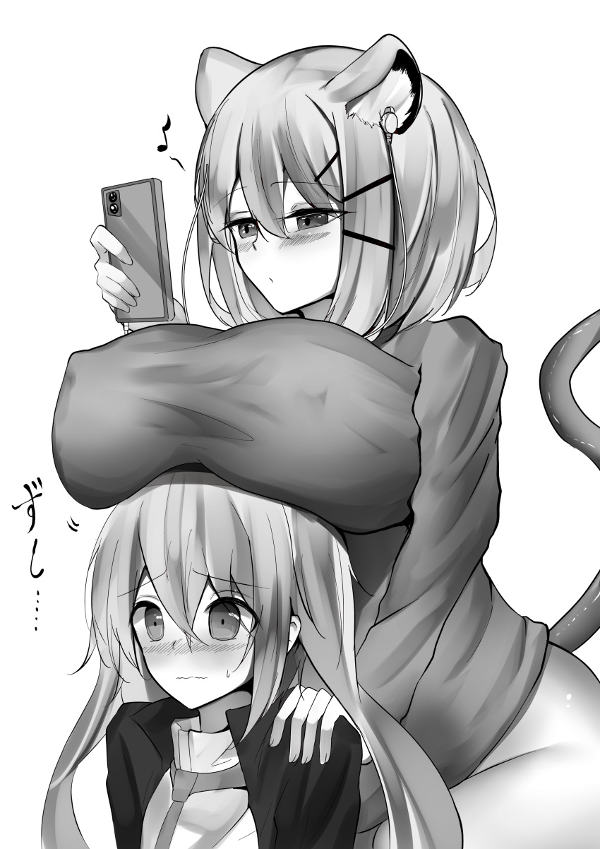 1boy absurdres animal_ear_fluff animal_ears ansel_(arknights) arknights bangs blush breast_rest breasts breasts_on_head cellphone closed_mouth covered_nipples dress earphones ears_down eighth_note eyebrows_visible_through_hair greyscale hair_ornament hairclip hand_on_another's_shoulder hetero highres huge_breasts jacket kokihanada looking_at_phone monochrome musical_note necktie no_panties nose_blush open_clothes open_jacket phone rabbit_ears short_hair simple_background smartphone sweater sweater_dress tail translation_request utage_(arknights) wavy_hair white_background