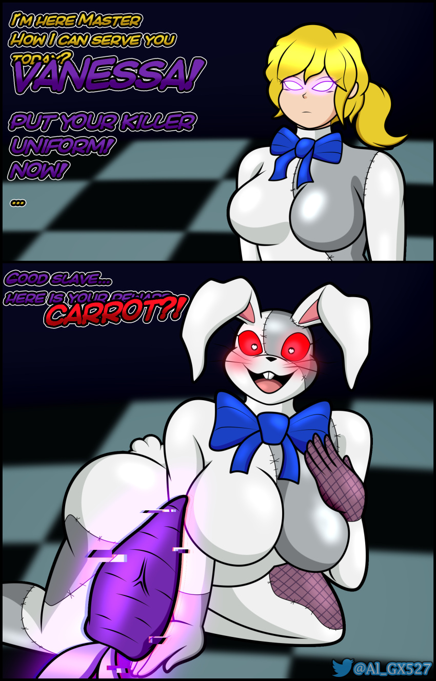 absurd_res al_gx all_fours big_breasts blush brainwashing breasts bunny_costume carrot clothing costume dialogue duo expressionless female five_nights_at_freddy's five_nights_at_freddy's:_security_breach food fursuit glitch hi_res human hypnosis lagomorph leporid male male/female mammal mind_control offscreen_character open_mouth open_smile plant purple_guy_(fnaf) rabbit red_eyes scottgames smile vanessa_(fnaf) vanny_(fnaf) vegetable video_games william_afton_(fnaf)