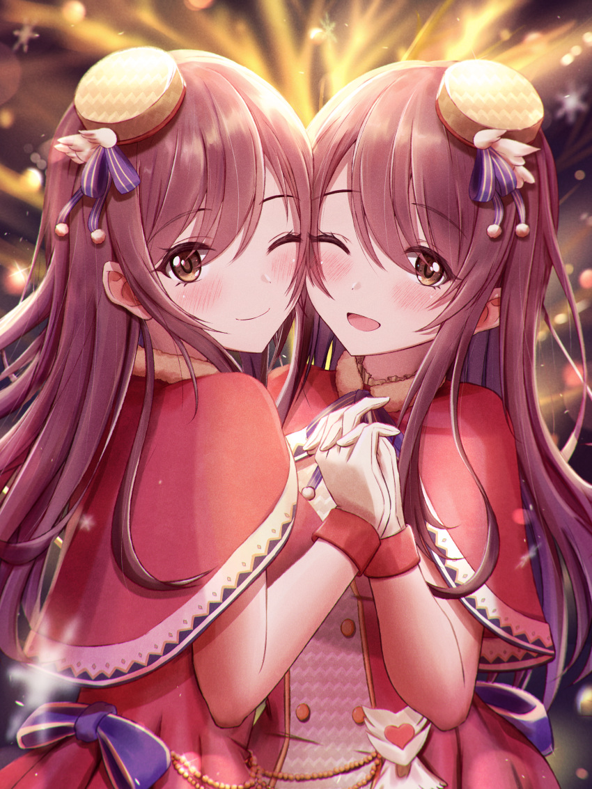 2girls absurdres bangs blush brown_hair capelet cheek-to-cheek christmas closed_mouth eyebrows_visible_through_hair gloves hat heads_together highres holding_hands idolmaster idolmaster_shiny_colors long_hair looking_at_viewer masuku_(saint_mask) mini_hat multiple_girls one_eye_closed open_mouth osaki_amana osaki_tenka red_capelet red_headwear santa_costume siblings sisters smile standing swept_bangs twins yellow_eyes