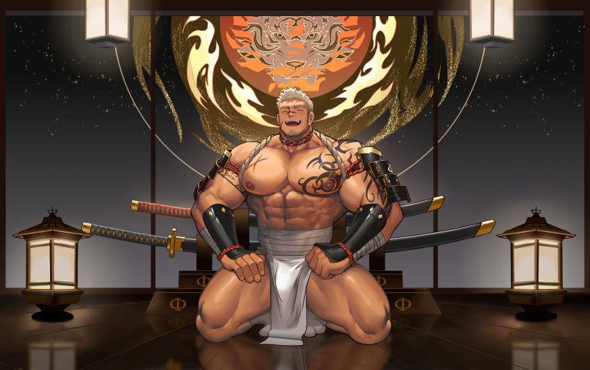 1boy abs absurdres arm_tattoo armor bandaged_arm bandages bara blush chest_tattoo closed_eyes facial_hair fundoshi highres japanese_armor japanese_clothes kneeling large_pectorals male_focus midriff_sarashi muscular muscular_male navel neck_tattoo nipples open_mouth original pectorals sarashi scar scar_on_cheek scar_on_face scar_on_nose short_hair shoulder_armor sideburns smile sode solo tattoo thick_thighs thighs vambraces white_hair xianyusamuel