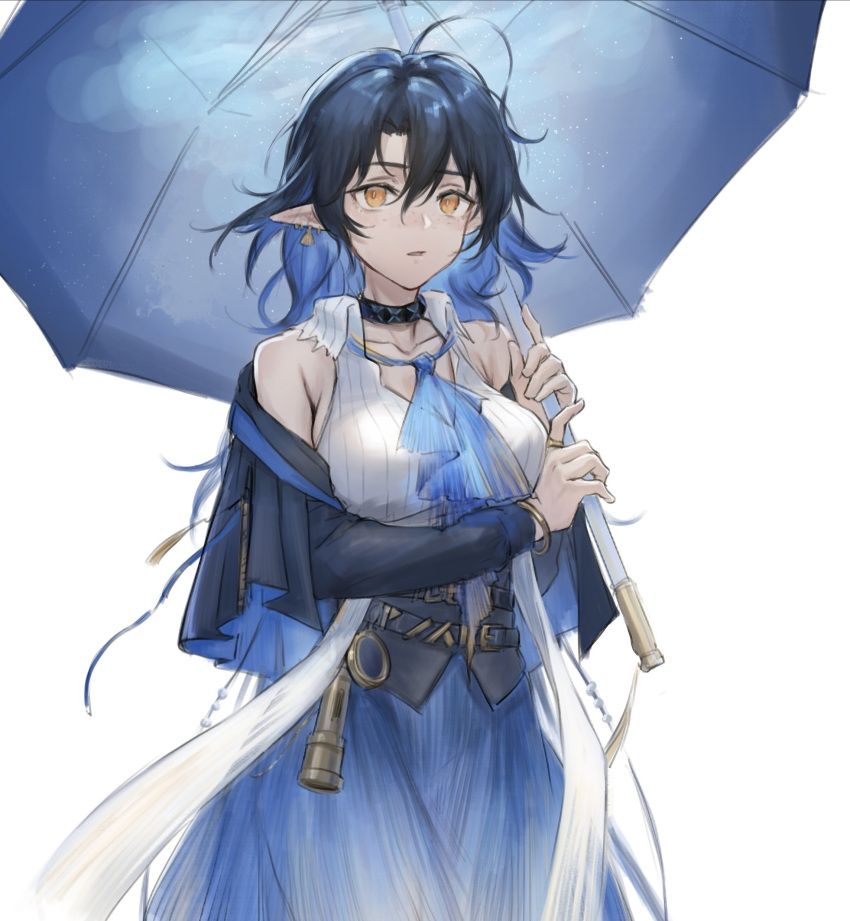 1girl absurdres adapted_costume ahoge arknights bare_shoulders black_hair black_jacket blue_hair blue_skirt bracelet breasts cleavage collar collarbone collared_shirt corset cowboy_shot earrings freckles genderswap genderswap_(mtf) highres holding holding_umbrella infection_monitor_(arknights) jacket jewelry jumao large_breasts long_hair long_sleeves looking_at_viewer lumen_(arknights) multicolored_hair open_clothes open_jacket orange_eyes parted_lips pointy_ears shell shell_earrings shirt simple_background skirt solo two-tone_hair umbrella white_background white_shirt