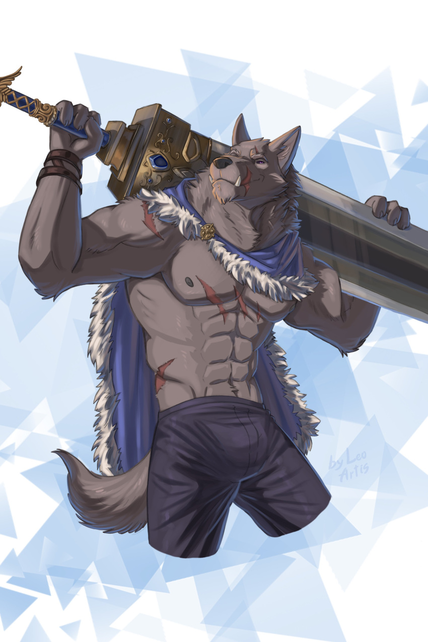 2022 absurd_res anthro blaidd_(elden_ring) bottomwear canid canine cape clothing elden_ring fromsoftware gradient_background hi_res leo-artis male mammal melee_weapon muscular muscular_anthro muscular_male npc shorts simple_background smile solo sword triangle_(shape) video_games weapon were werecanid werecanine werewolf