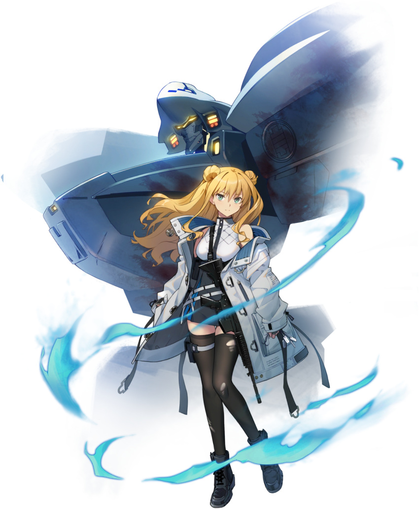 1girl artist_request bangs black_footwear black_legwear blonde_hair boots breasts dog_tags f-18_hornet_(muvluv) floating green_eyes highres holding holding_jewelry holding_necklace immortals:_muvluv_alternative jacket jewelry lilia_kjellberg long_hair mecha medium_breasts muvluv muvluv_alternative muvluv_unlimited:_the_day_after necklace non-web_source official_art science_fiction sleeves_past_wrists tactical_surface_fighter thighhighs torn_clothes torn_legwear transparent_background white_jacket