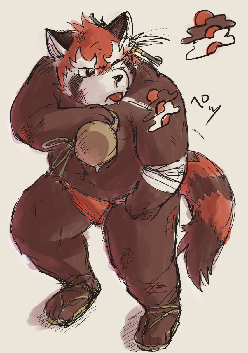 2022 ailurid anthro aotadobukitch asian_clothing clothing east_asian_clothing footwear fundoshi hi_res japanese_clothing kemono male mammal one_eye_closed overweight overweight_male red_body red_clothing red_fundoshi red_panda red_underwear sandals solo tongue tongue_out underwear