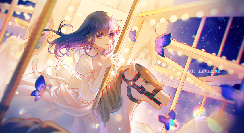 1girl breasts bug butterfly carousel cleavage collarbone dress elbow_gloves fate/stay_night fate_(series) floating_hair gloves highres level02 long_hair matou_sakura medium_breasts parted_lips purple_eyes purple_hair short_sleeves solo straight_hair white_dress white_gloves