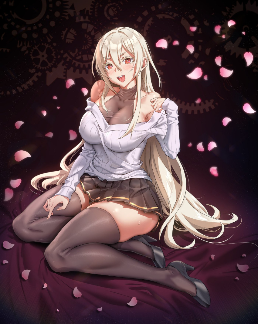 1girl :d bangs bare_shoulders black_footwear black_legwear black_skirt blonde_hair blush breasts closed_mouth collarbone commission constricted_pupils english_commentary eyebrows_visible_through_hair frilled_skirt frills full_body hair_between_eyes high_heels highres large_breasts long_bangs long_hair long_sleeves muloli off_shoulder open_mouth original petals pleated_skirt shadow shiny shiny_hair sitting skirt smile solo sweat sweater teeth thick_thighs thighhighs thighs tongue upper_teeth v-shaped_eyebrows very_long_hair white_sleeves white_sweater yokozuwari