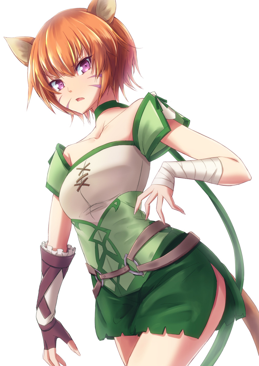 1girl animal_ears asymmetrical_gloves bandaged_arm bandages brown_gloves brown_hair cat_ears cat_girl cat_tail choker collarbone cowboy_shot facial_mark fingerless_gloves fire_emblem fire_emblem:_path_of_radiance gloves green_choker green_shorts highres lethe_(fire_emblem) looking_at_viewer minamonochaba open_mouth purple_eyes shiny shiny_hair short_hair short_shorts short_sleeves shorts side_slit simple_background solo standing tail white_background