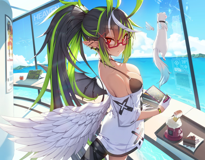 1girl absurdres angel_wings antenna_hair asymmetrical_wings bangs bare_shoulders black_legwear boat cake cup dark-skinned_female dark_skin demon_wings drink ear_piercing earrings eyebrows_visible_through_hair ferret food glasses gloves green_hair half_gloves highres holding holding_phone holographic_interface hot_chocolate jewelry long_hair looking_at_viewer low_wings mug multicolored_hair multiple_earrings ocean off-shoulder_shirt off_shoulder original phone piercing pointy_ears ponytail red_eyes reflection shirt short_sleeves sky solo sseli streaked_hair string_bikini tail very_long_hair watercraft window wings wristband