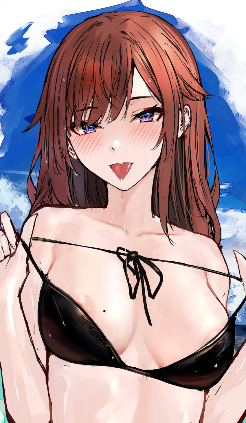 1girl absurdres areola_slip areolae bikini bikini_pull black_bikini blush breasts clothes_pull collarbone commentary english_commentary highres large_breasts long_hair looking_at_viewer mole mole_on_breast naokomama original purple_eyes red_hair saliva saliva_trail solo swimsuit teeth tongue tongue_out upper_body upper_teeth